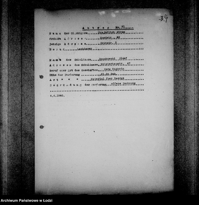 Obraz 8 z jednostki "J-91-105 [Wnioski Żydów w Getcie o zwrot długów za wzięty na kredyt towar przez kupujących]"