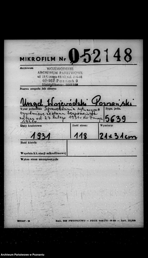 Obraz 2 z jednostki "Sprawozdania sytuacyjne tygodniowe ze stanu bezpieczeństwa za czas od 27 lutego do 7 maja 1931 r. /nr 9-17/"