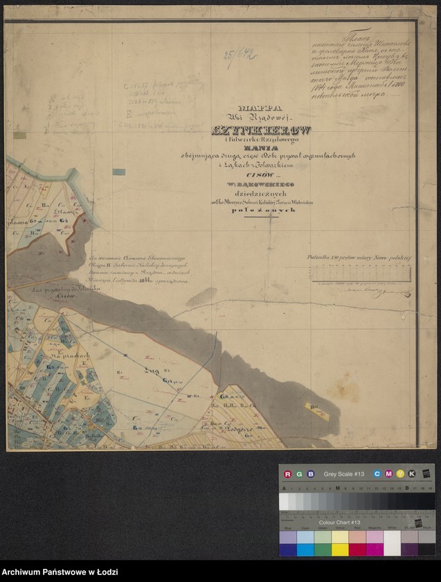 Obraz 1 z jednostki "Mappa wsi rządowej Szynkielew i folwarku rządowego Kania obejmująca drugą część dóbr prywatnych w gruntach ornych i łąkach z folwarkiem Cisów W. Bąkowskiego dziedzicznych w ekonomii Mierzyce guberni kaliskiej powiecie wieluńskim położonych"