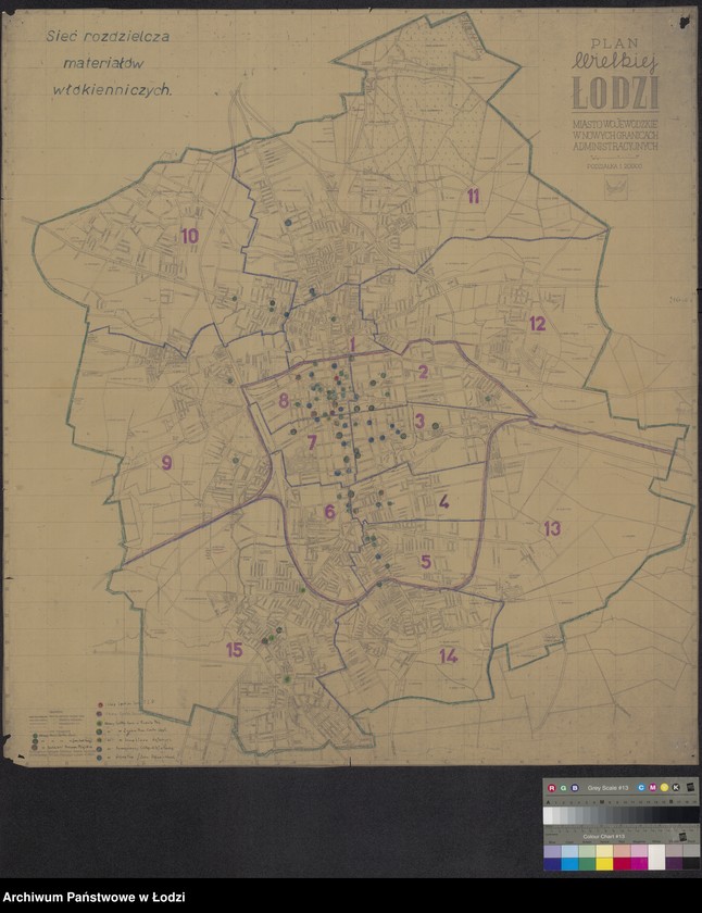 Obraz 1 z jednostki "Plan Wielkiej Łodzi. Miasto wojewódzkie w nowych granicach administracyjnych. Sieć rozdzielcza materiałów włókienniczych"