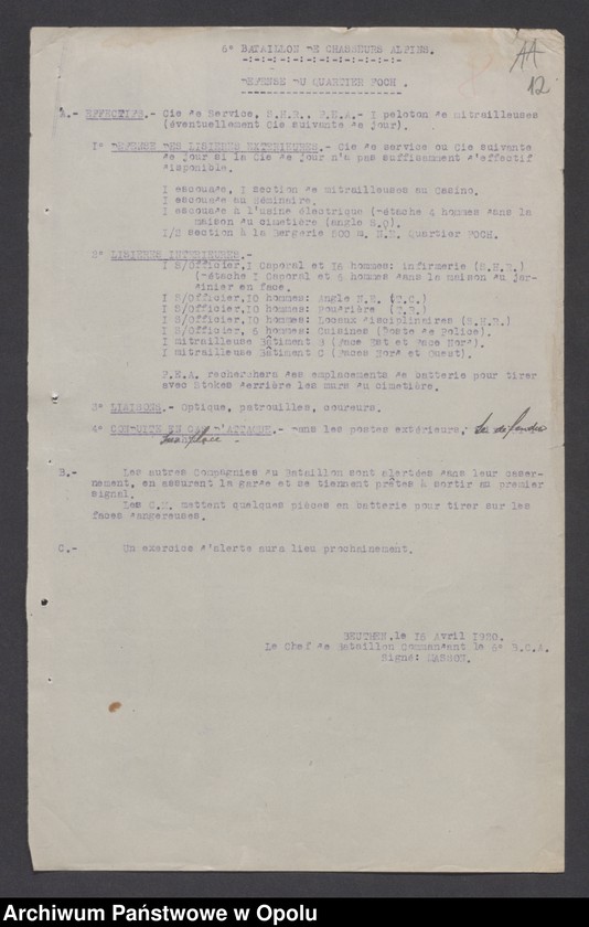 Obraz 13 z jednostki "/Plany obrony poszczególnych garnizonów przez oddziały wojsk francuskich na Górnym Śląsku na wypadek alarmu/"