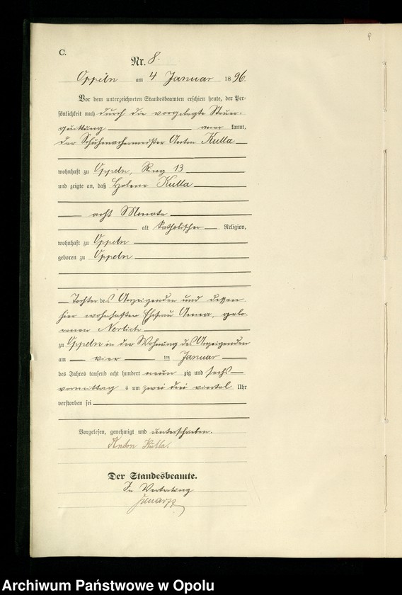 image.from.unit.number "Urząd Stanu Cywilnego w Opolu 1896 Rejestr zgonów Księga Miejscowa Nr 1 do 356"