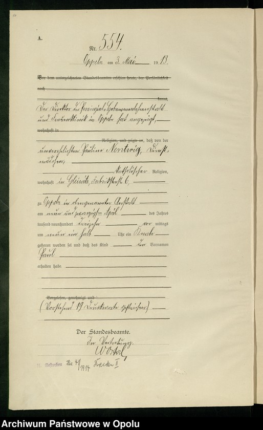 Obraz 20 z jednostki "Urząd Stanu Cywilnego Opole Księga Urodzeń Rok 1913 540-1057"