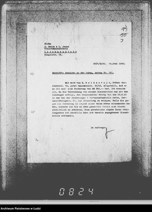 Obraz 7 z jednostki "J.121-135 [Wnioski Żydów w Getcie o zwrot długów za wzięty na kredyt towar przez kupujących]"