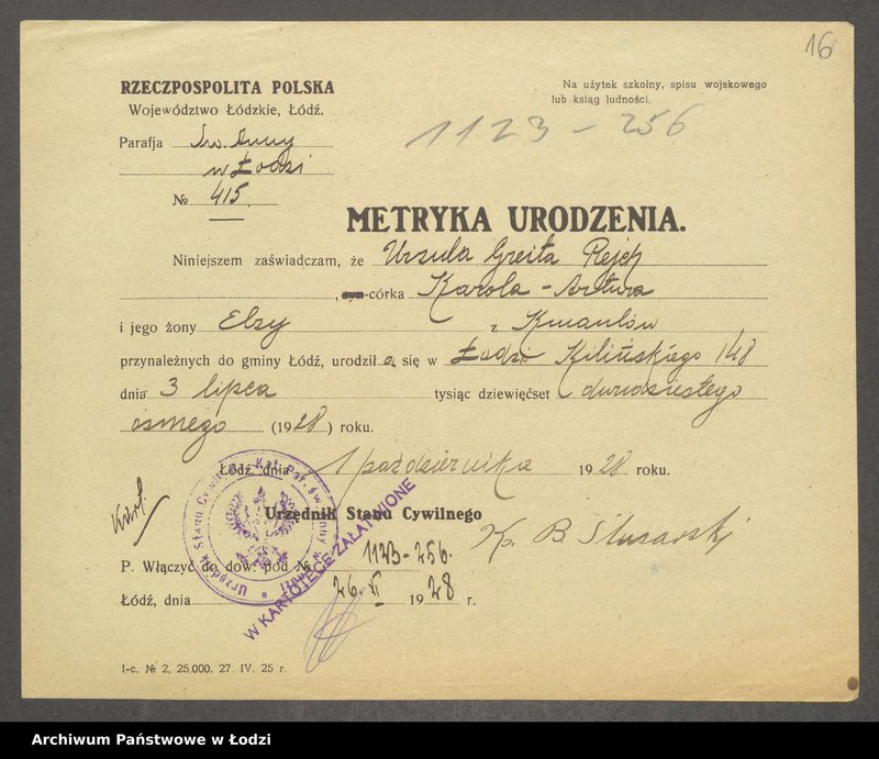 Obraz 18 z jednostki "Dowody metrykalne stałych mieszkańców m. Łodzi nr domu 1123, s. 255-371"