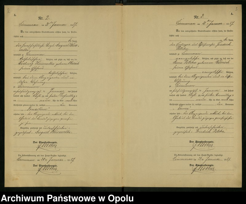 Obraz z jednostki "Geburts-Neben-Register Standesamts Simmenau pro 1887"
