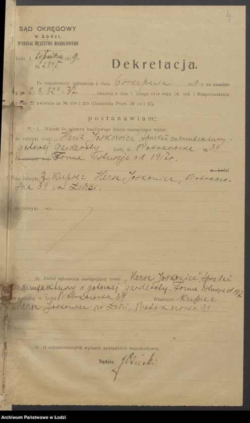 Obraz 6 z jednostki "Hersz Joskowicz - sprzedaż manufaktury i gotowej garderoby"