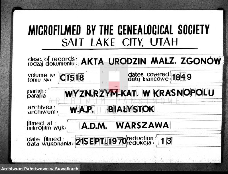 image.from.unit.number "Duplikat Akt Urodzonych, Zaślubionych i Umarłych Parafii Krasnopolskiej 1849 roku."