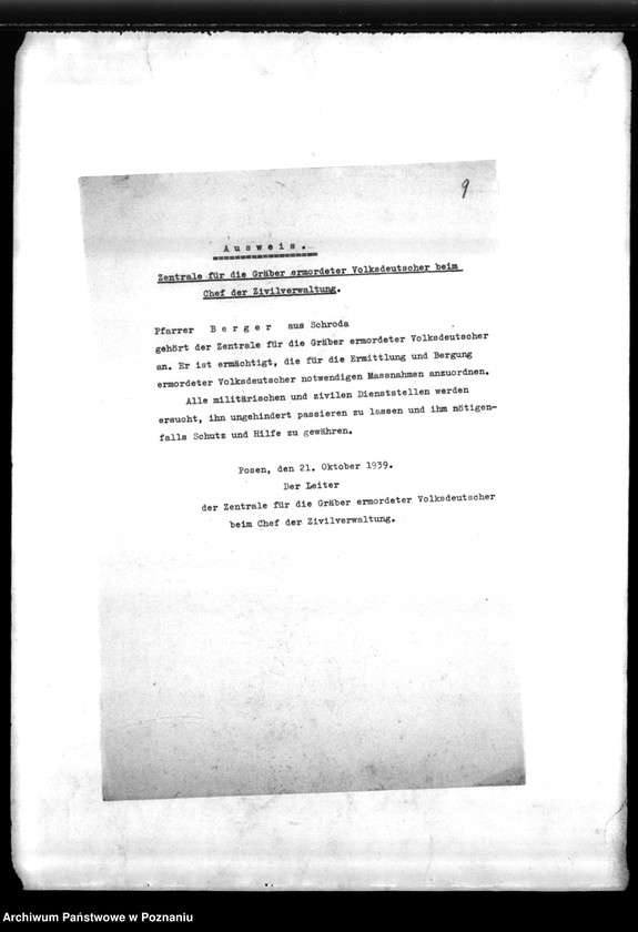 Obraz 13 z jednostki "Podręczna teczka akt dra Kortka, zawierająca informacje o utworzeniu Zentralstelle f.d. Gräber oraz korespondencję w sprawie miejscowych Niemców, zaginionych w 1939 roku"