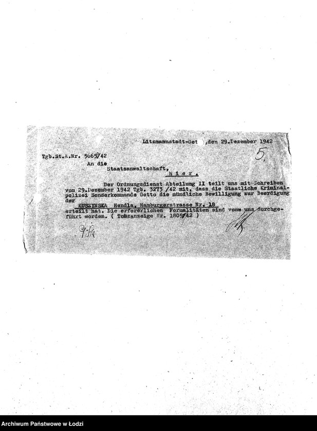 Obraz 8 z jednostki "[Korespondencja wychodząca i przychodząca z wydziałami getta, z niemieckimi urzędami i innymi gettami żydowskimi. Sprawy personalne, meldunkowe mieszkańców getta. Sprawy wewnętrzne Wydziałów Ewidencji]"