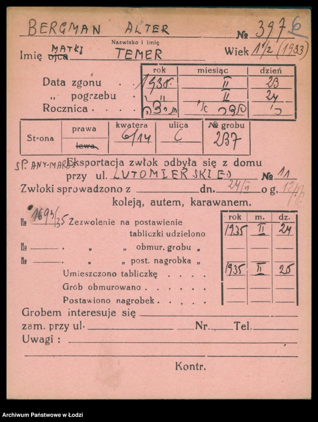 Obraz 7 z jednostki "Kartoteka osób pochowanych na cmentarzu żydowskim przy ulicy Brackiej w latach 1892-1955. Nazwiska na litery: Bergm-Berz"