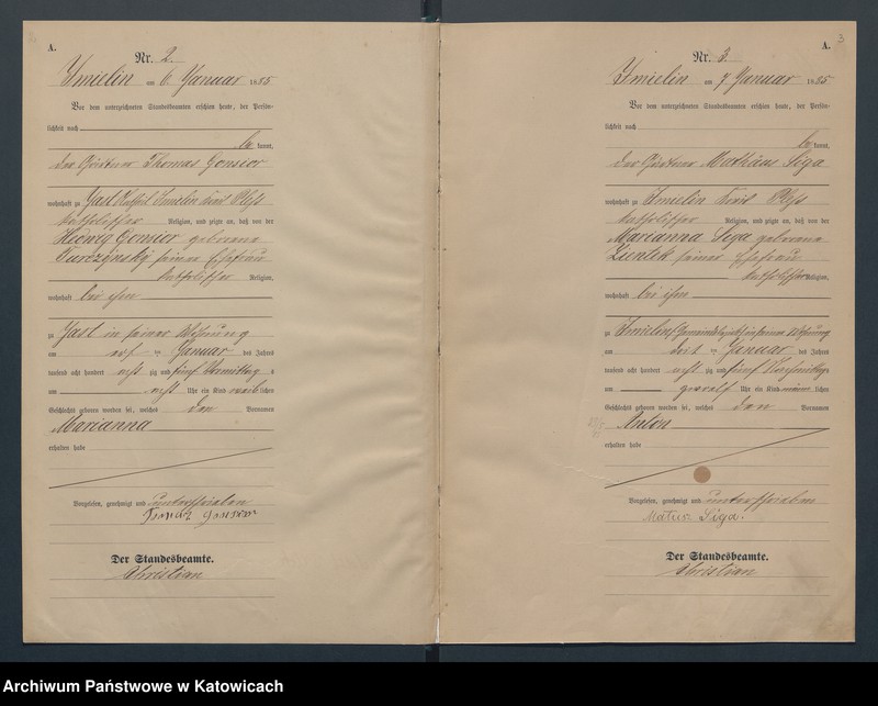Obraz z jednostki "Geburts-Haupt-Register des Königlich Preussichen Standesamts Imielin im Kreise Pless pro 1885"
