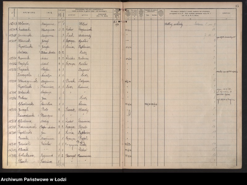 Obraz 19 z jednostki "Księga kontroli ruchu ludności (rejestr osób przybywających do gminy) Łódź, komisariat III, ks. VIII, nr 15533-17398"