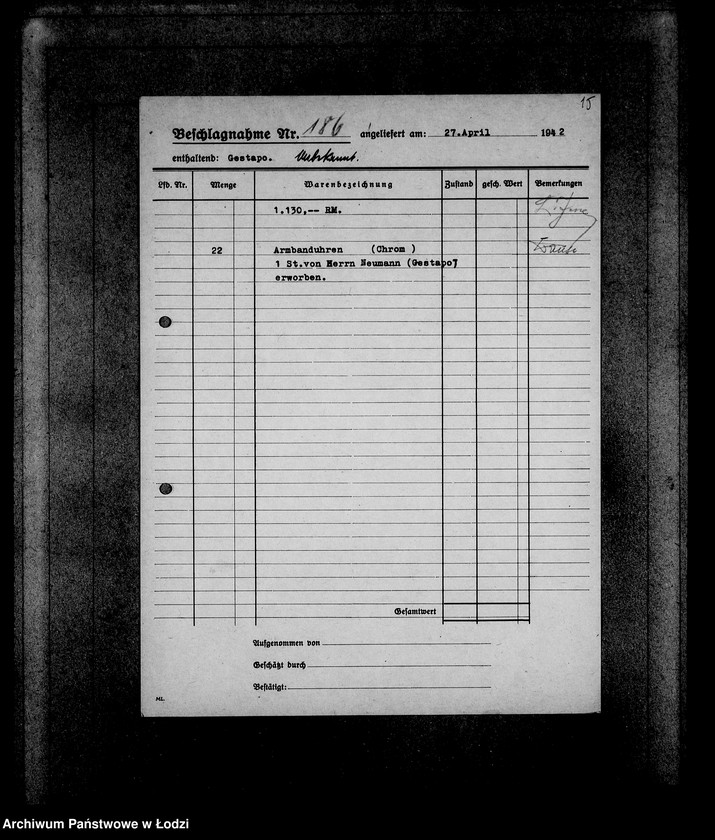 Obraz 19 z jednostki "Gestapo 1-200 [Kartoteka skonfiskowanego majątku ruchomego u Żydów]"