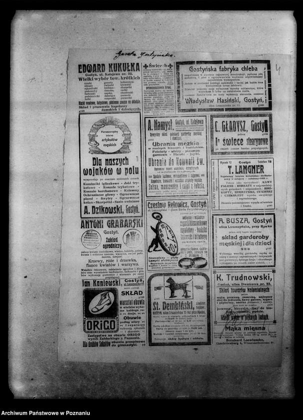 Obraz 9 z jednostki "Wycinki prasowe [Gazeta Poznańska, Ziemia lubelska] na tematy wojny 1918 rok, mapa terenu wojny z Rosją [1914- 1916], ogłoszenia i dwie karty kolorowe na temat pożyczki wojennej, odezwa dowództwa wojsk niemieckich do Polaków w Królestwie Polskim, rozporządzenia w prasie dotyczące aprowizacji w czasie wojny [1915 r.]. Gazeta Gdańska 22 VI 1918 r."
