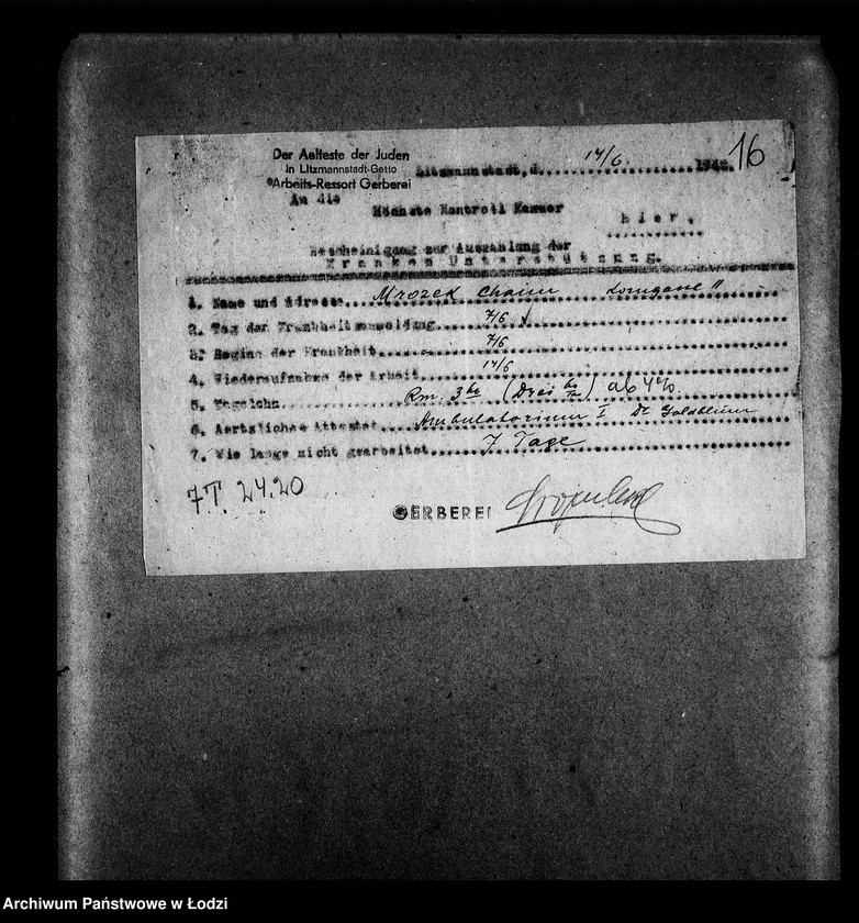 Obraz 19 z jednostki "Gerberei Abteilung [Zasiłki chorobowe dla pracowników wydziału, zaświadczenia lekarskie, listy pracowników]"