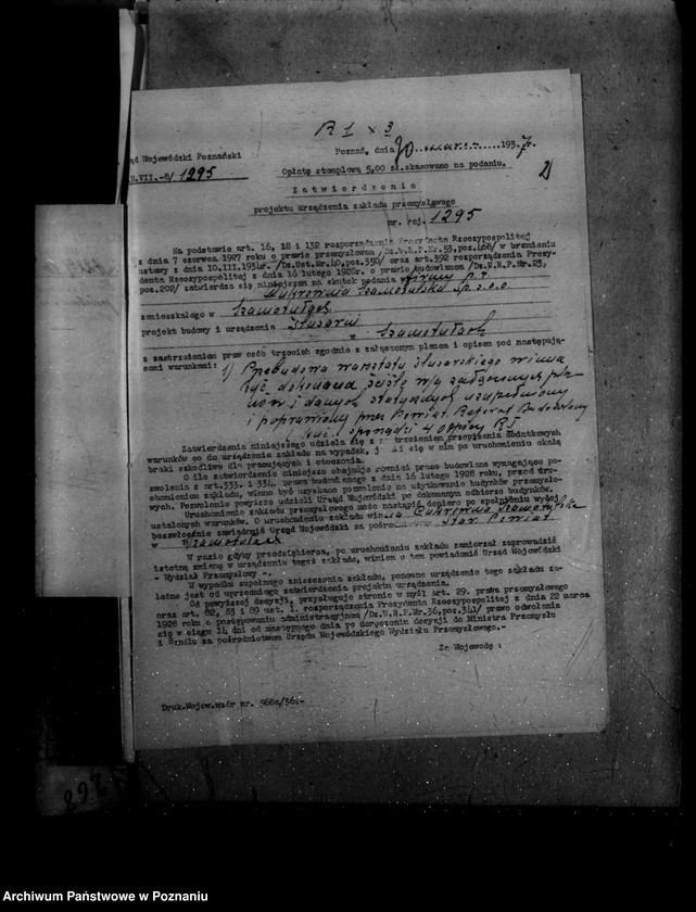 Obraz 6 z jednostki "Zatwierdzenie zakładu przemysłowego /warsztatu ślusarskiego/ firmy cukrownia szamotulska Spółka z o. o. Szamotuły"