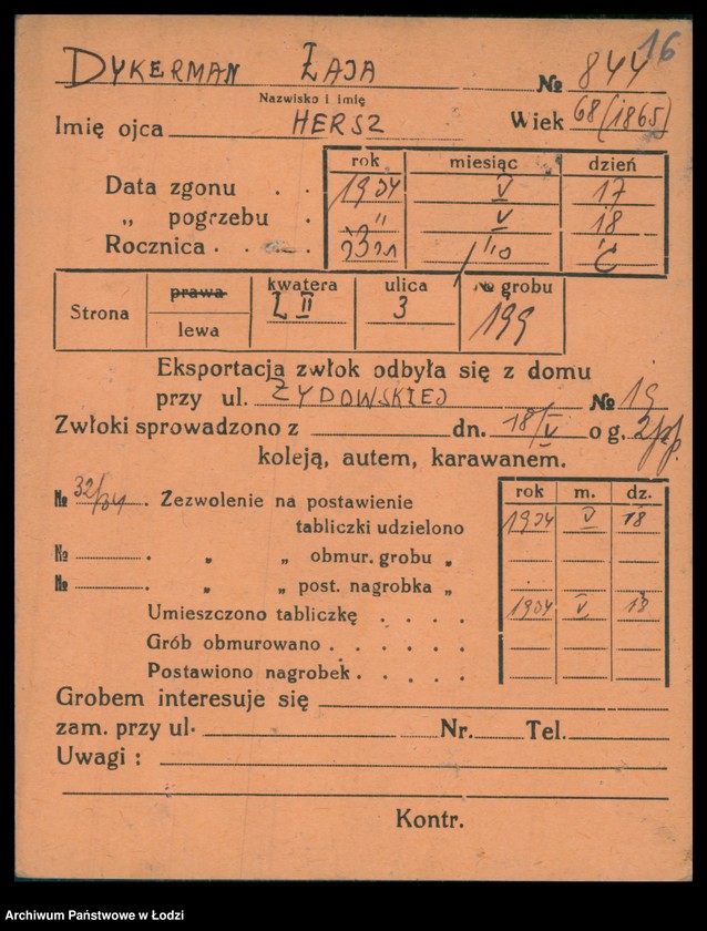 Obraz 17 z jednostki "Kartoteka osób pochowanych na cmentarzu żydowskim przy ulicy Brackiej w latach 1892-1953. Nazwiska na litery: Dy-Dz"