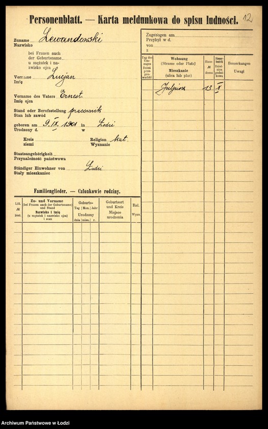 Obraz 14 z jednostki "[Spis ludności Łodzi] Lewandowski - Lewertow"