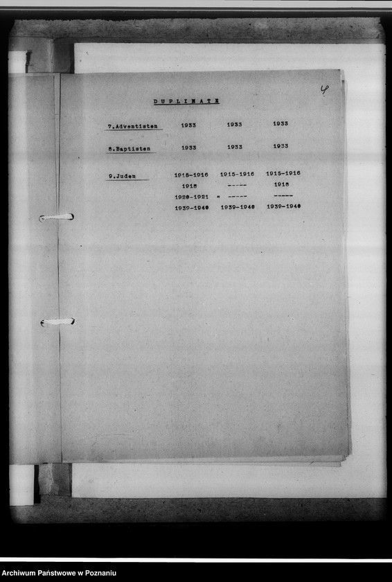 Obraz 8 z jednostki "I. Bücher evangelischer Gemeinden; II. Bücher katholischer Gemeinden: 1. Gotthard-Kirche, 2. Marienkirche, 3. Nikolauskirche; III. Bücher griechisch-orthodox. Gemeinden: 1. Peter-Paulus-Kirche, 2. Ukrainische Kirche; IV. Militärgemeinde; V. Griech.Orthodox. und Baptisten; VI. Griech.Orthodox. und Juden; VII. Adventisten; VIII. Baptisten; IX. Juden; X. Kathol.-protestantische Zivilstandsregister Kalisch-Stadt [z terenu miast Kalisza]. Mikr.074979. Brak datacji, podano daty skrajne zesp."
