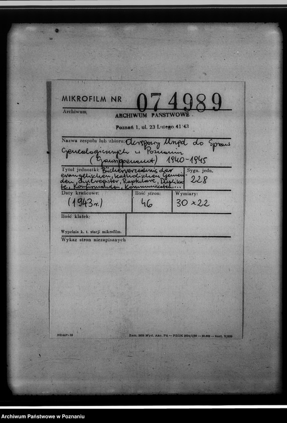 Obraz 2 z jednostki "Bücherverzeichnis der evangelischen, katholischen Gemeinden, Zivilregister, Raptulare, Duplikate, Konfirmanden, Convertiten, Seelenmessen, Kommunion, Kommunikanten, Kreis Warthbrücken [powiat kolski]"