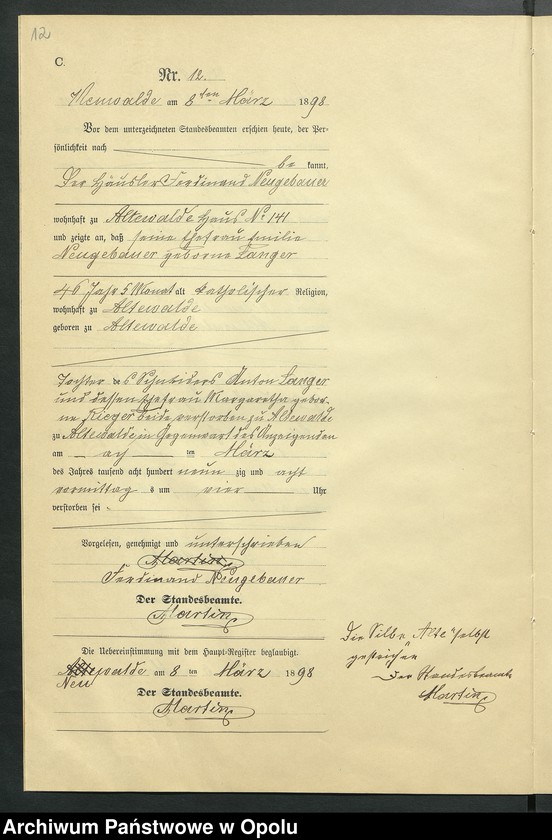 Obraz 16 z jednostki "Sterbe-Neben-Register des Standesamts Altewalde pro 1898"