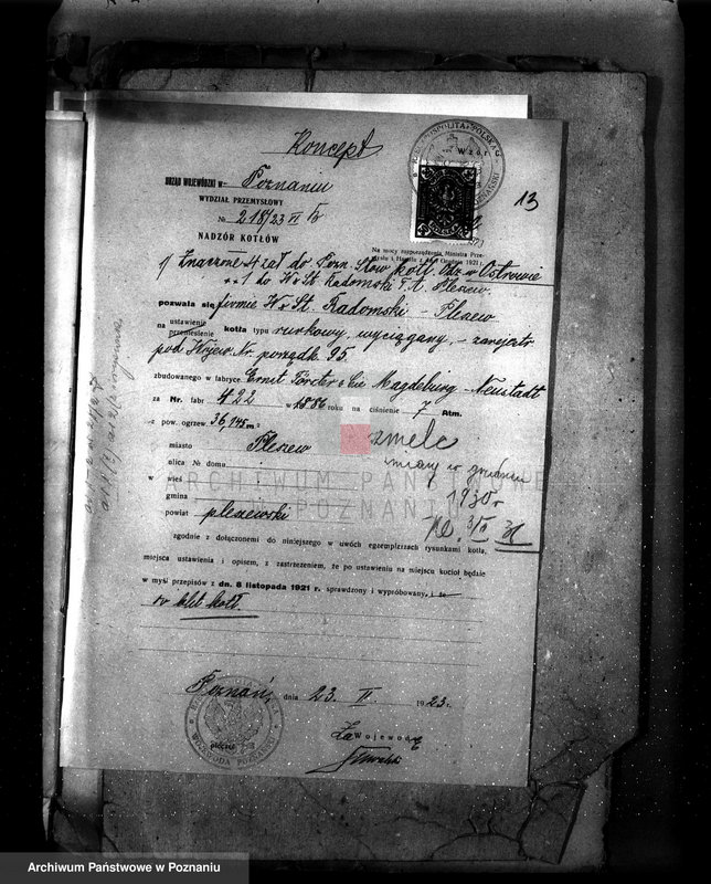 Obraz 17 z jednostki "Fabryka konserw i marmelad, własność St. Radomski w Pleszewie pow. jarociński nr fabr kotła 422, nr woj. kotła 95"