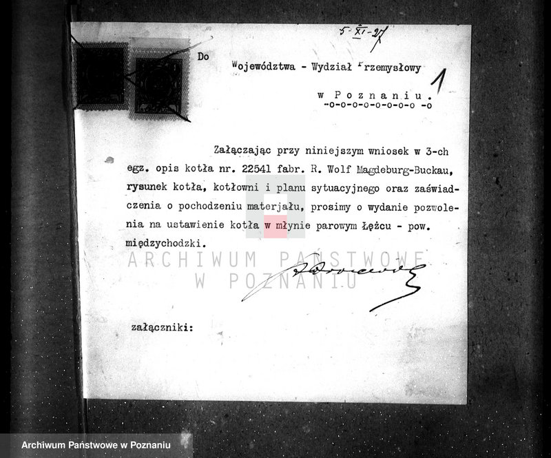 image.from.unit.number "Młyn parowy w Łężcu, pow. międzychodzki własność St. Drozdowski nr woj. kotła 6043"