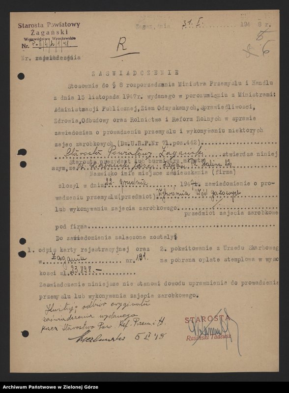 Obraz 8 z jednostki "Rozlewnia i wytwórnia wód gazowanych - J. Liczbański w Żaganiu - zawiadomienia, karta repatriacyjna , zgłoszenie prowadzenia działalności gospodarczej"
