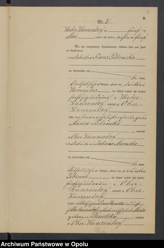 Obraz 13 z jednostki "Heiraths-Neben-Register Standesamts Kunzendorf pro 1885"