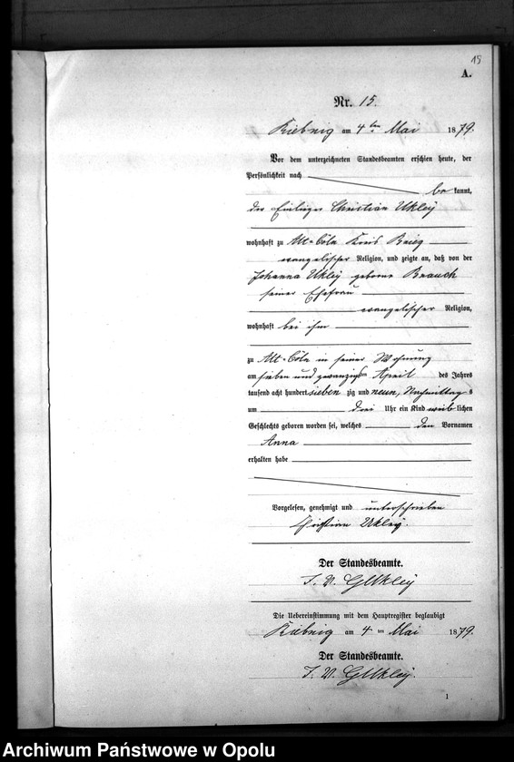 Obraz 18 z jednostki "Geburts-Neben-Register Standes-Amt Riebnig 1879"