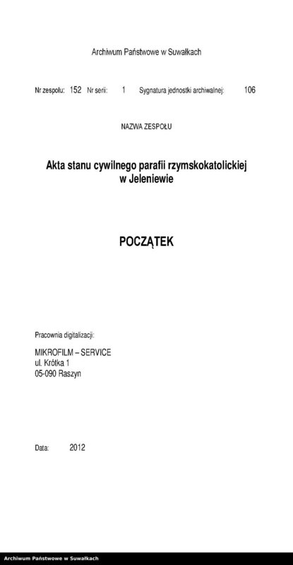 image.from.unit.number "Księga akt urodzeń [wyznania rzymskokatolickiego parafii] Jeleniewo"