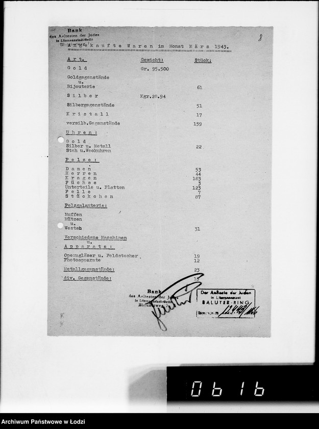 Obraz 13 z jednostki "Monatliche Warenbestandsmeldungen der Bankabteilung des Judenältesten"