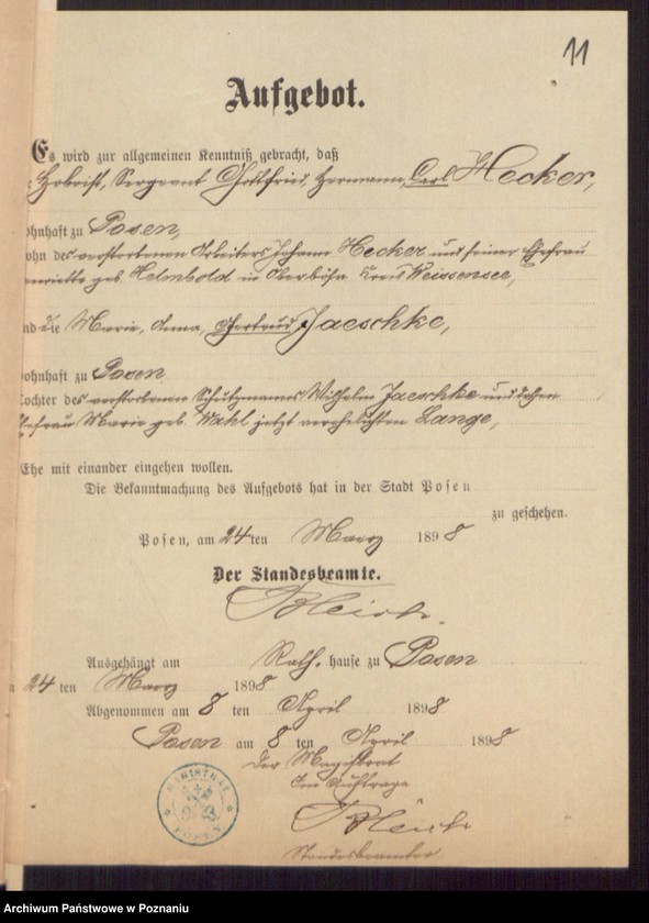 Obraz 13 z jednostki "Die von den Verlobten beigebrachten Urkunden zur Eheschliessung pro 1898"