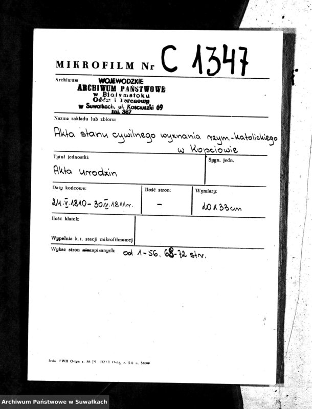 image.from.unit.number "Akta Urodzonychych Gminy Kopciowskiey od 1 Maia 1810 R."