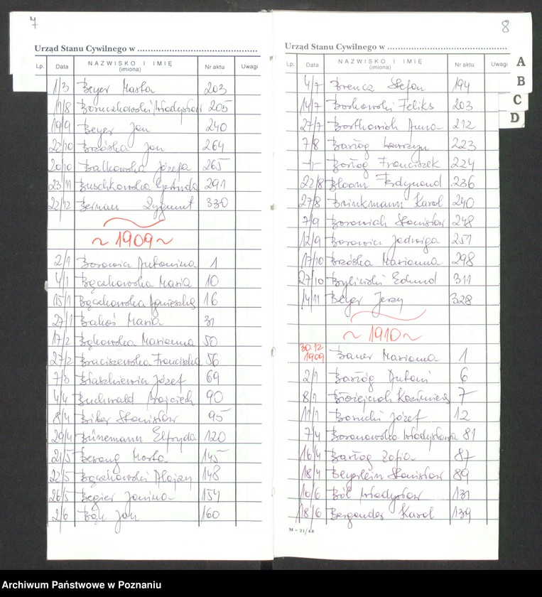 Obraz 7 z jednostki "[Skorowidz alfabetyczny do akt urodzeń za lata 1905-1912]"