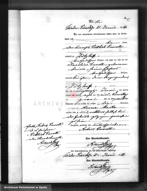 Obraz 18 z jednostki "Geburts-Neben-Register Standesamts Hohen-Giersdorf pro 1881"