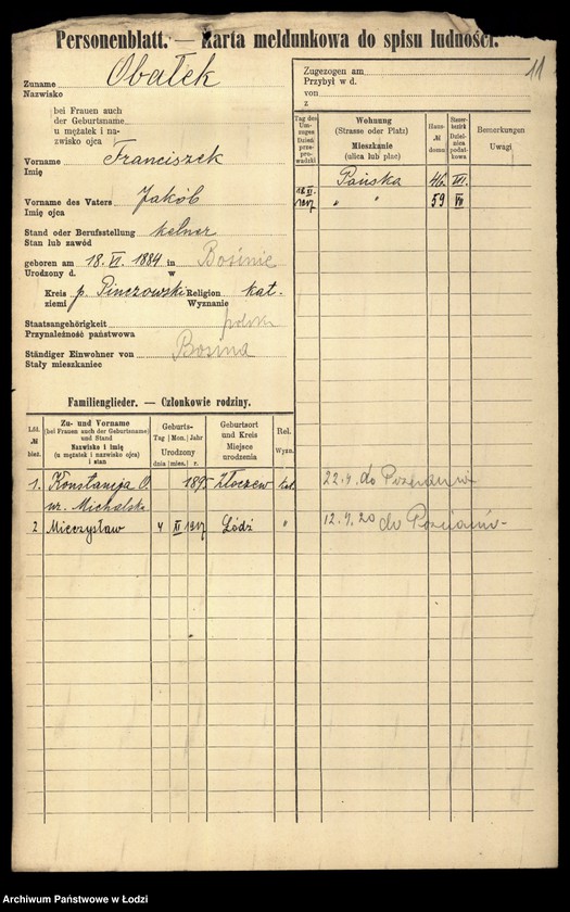 Obraz 13 z jednostki "[Spis ludności Łodzi] Obalska-Ochocki"