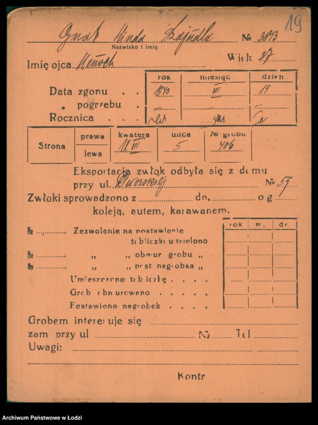 Obraz 20 z jednostki "Kartoteka osób pochowanych na cmentarzu żydowskim przy ulicy Brackiej w latach 1892-1955. Nazwiska na litery: Gl-Goldbe"
