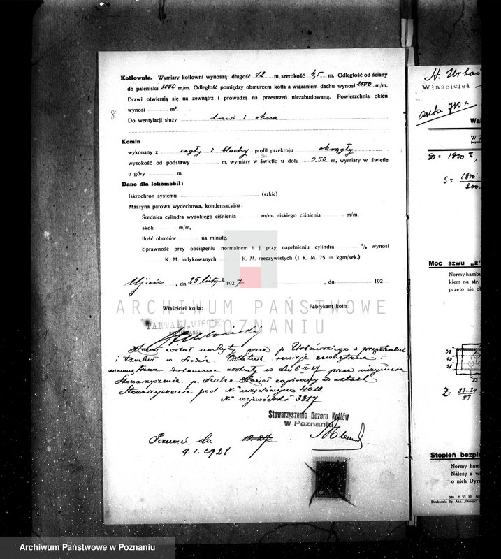 Obraz 12 z jednostki "Tartak i fabryka wyrobów z drzewa St. Urbański Urbanowo pow chodzieski nadzór nad kotłem parowym nr fabr. 3060"