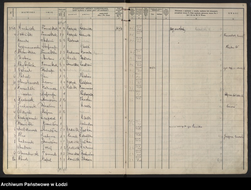 Obraz 8 z jednostki "Księga kontroli ruchu ludności (rejestr osób przybywających do gminy) Łódź, komisariat IX, ks. II, nr 3450-6450"