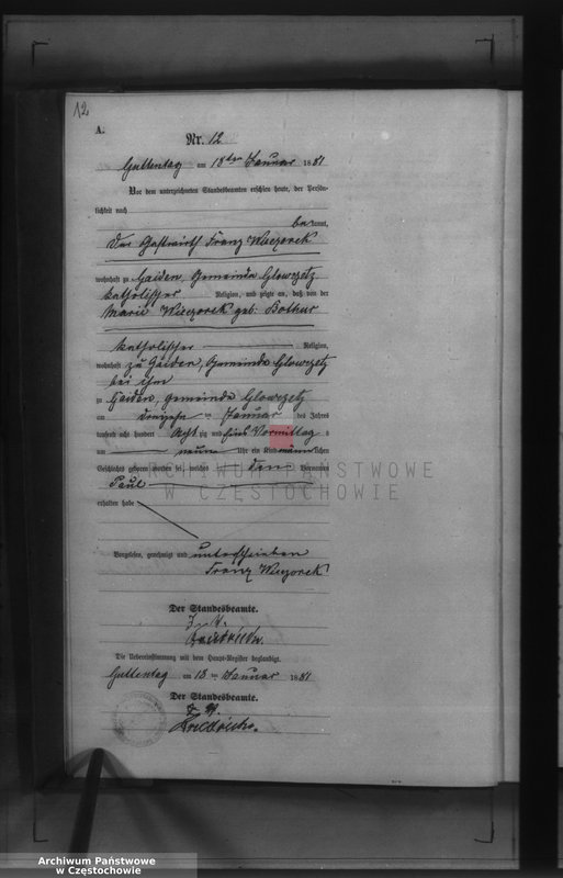 image.from.unit.number "Geburts - Neben Register des Königlich Preussischen Standesamts Guttentag im Kreise Lublinitz pro 1881."