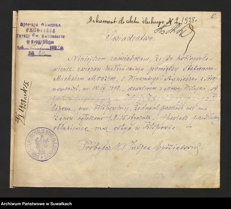 image.from.unit.number "Dokumenty przedstawione do aktów ślubnych w roku 1928 w filipowskiej r.k. parafji"