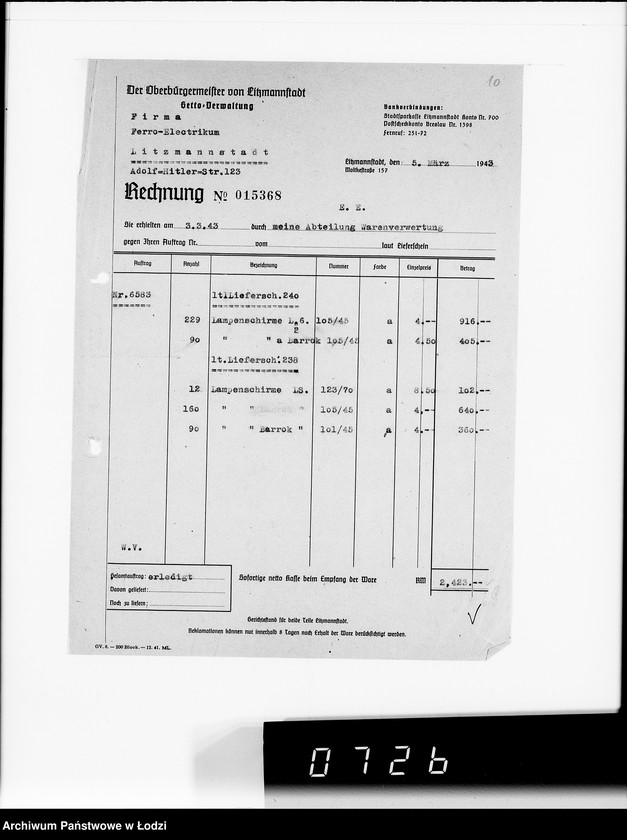 Obraz 14 z jednostki "Warenverwertung am Lager 91. [Aufträge] 6401-6600"