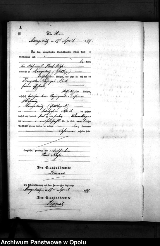 image.from.unit.number "Geburts-Neben-Register des Standesamts Mangschütz Kr.[eis] Brieg pro 1877"