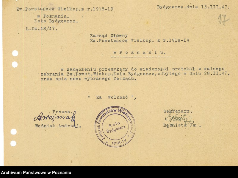 Obraz 19 z jednostki "Współdziałanie Zarządu Głównego Związku Powstańców Wielkopolskich z kołami 1. Bojanowo [1946-1948] 2. Bremno [19449] 3. Brodnica [1947-1948] 4. Bydgoszcz [1946-1948] 5. Chodzież [1946-1948] 6. Chorzów[1947-1949] 7. Czarnków [1946-1949] 8. Drawsko n/Notecią. [1948-1949] 9. Drezdenko [1947-19498]"