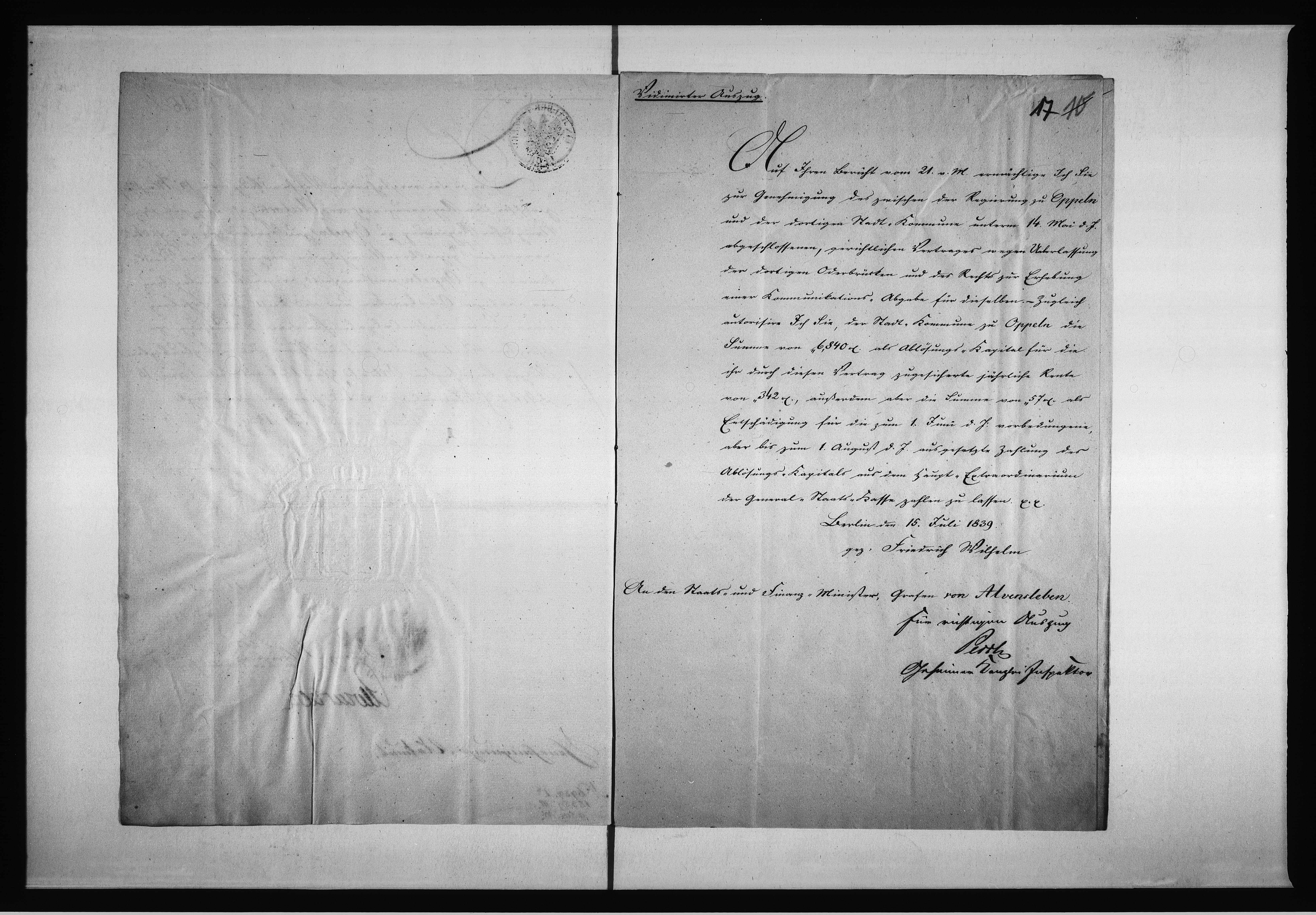 Obraz 15 z jednostki "Gerichtlich unterm 14 ten Mai 1839 abgeschlossener Ablösungs-Vertrag über die Oderbrückenzoll Gerechtigkeit et" Ordre v. 7 te August" 1839 ad Depositum genommen Richter Kamer. Unterm 8 ten "Juni 41" zu v Einsicht heraus genommen Frochlich Richter Unterm 17 te Juni 41. wieder ad Depositum Frochlich Richter"