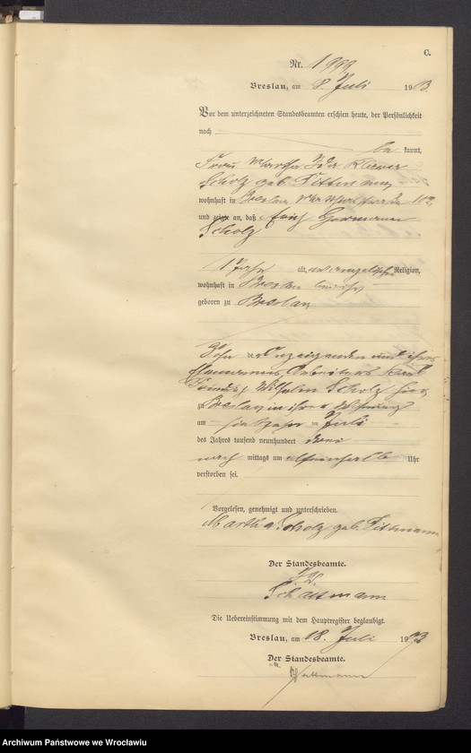 image.from.unit.number "Sterbe Neben Register Standesamt Breslau III 1903 Band 6"