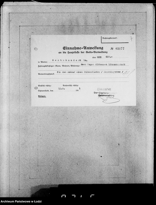 Obraz 11 z jednostki "Einnahme Anweisungen. [Sprzedaż przedmiotów skonfiskowanych]"