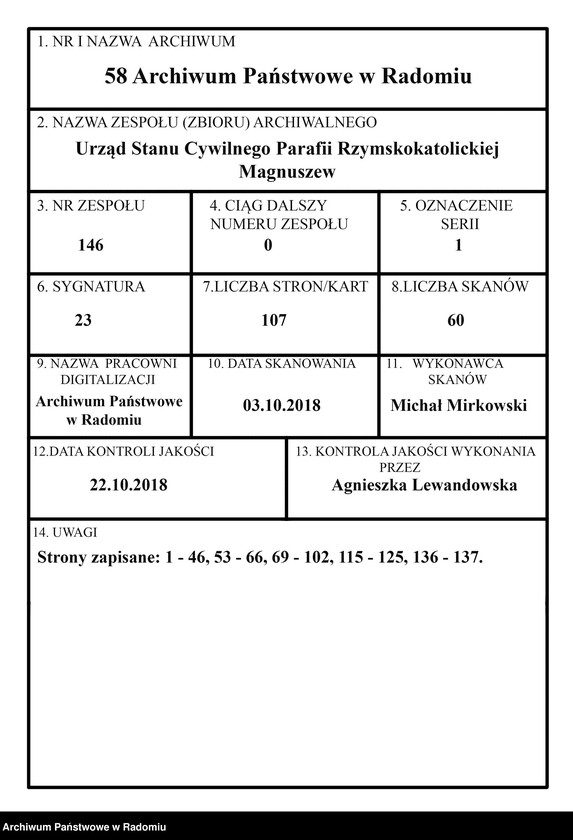 Obraz 1 z jednostki "Duplikat akt religijno cywilnych gminy i parafii Magnuszew służący na rok 1833"